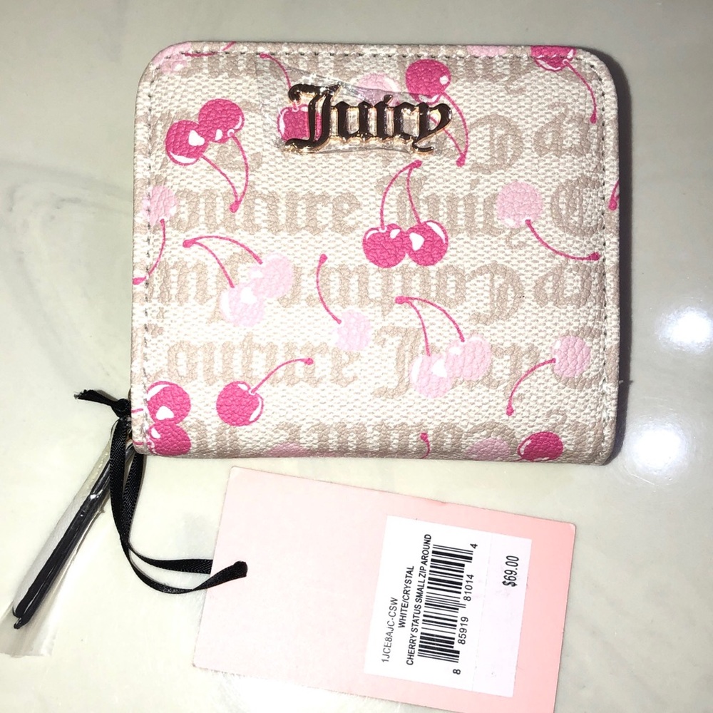 Juicy Couture White Crystal Cherry Status Small ZA Bifold Wallet NWT